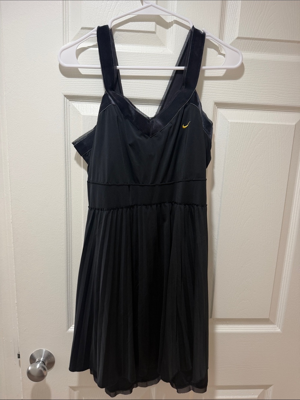 Vintage Nike Black Pleated Tennis Dress with Yellow Swoosh and Velvet Accents